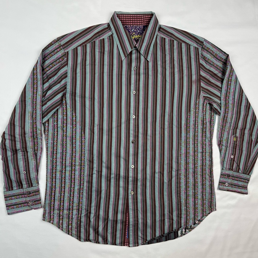 Robert Graham Mens Button Up Shirt XL Striped Flip Contrast Cuff Floral A3